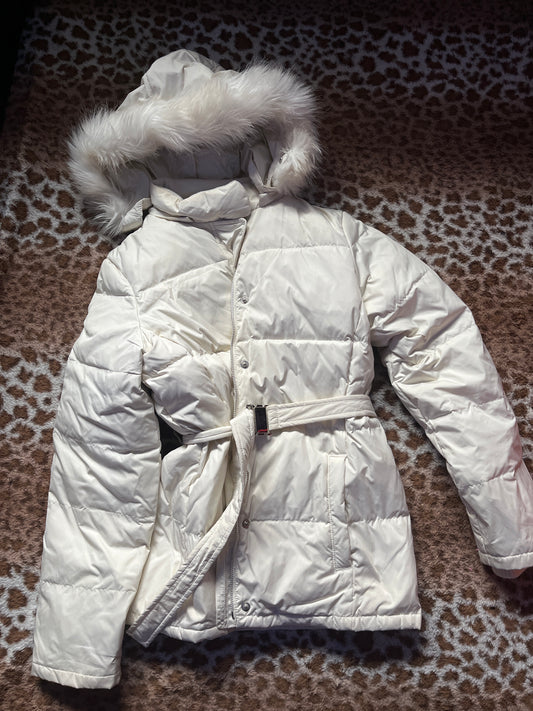 White faux fur puffer coat
