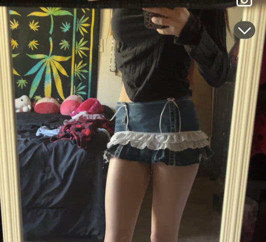 Vintage denim mini skirt lace